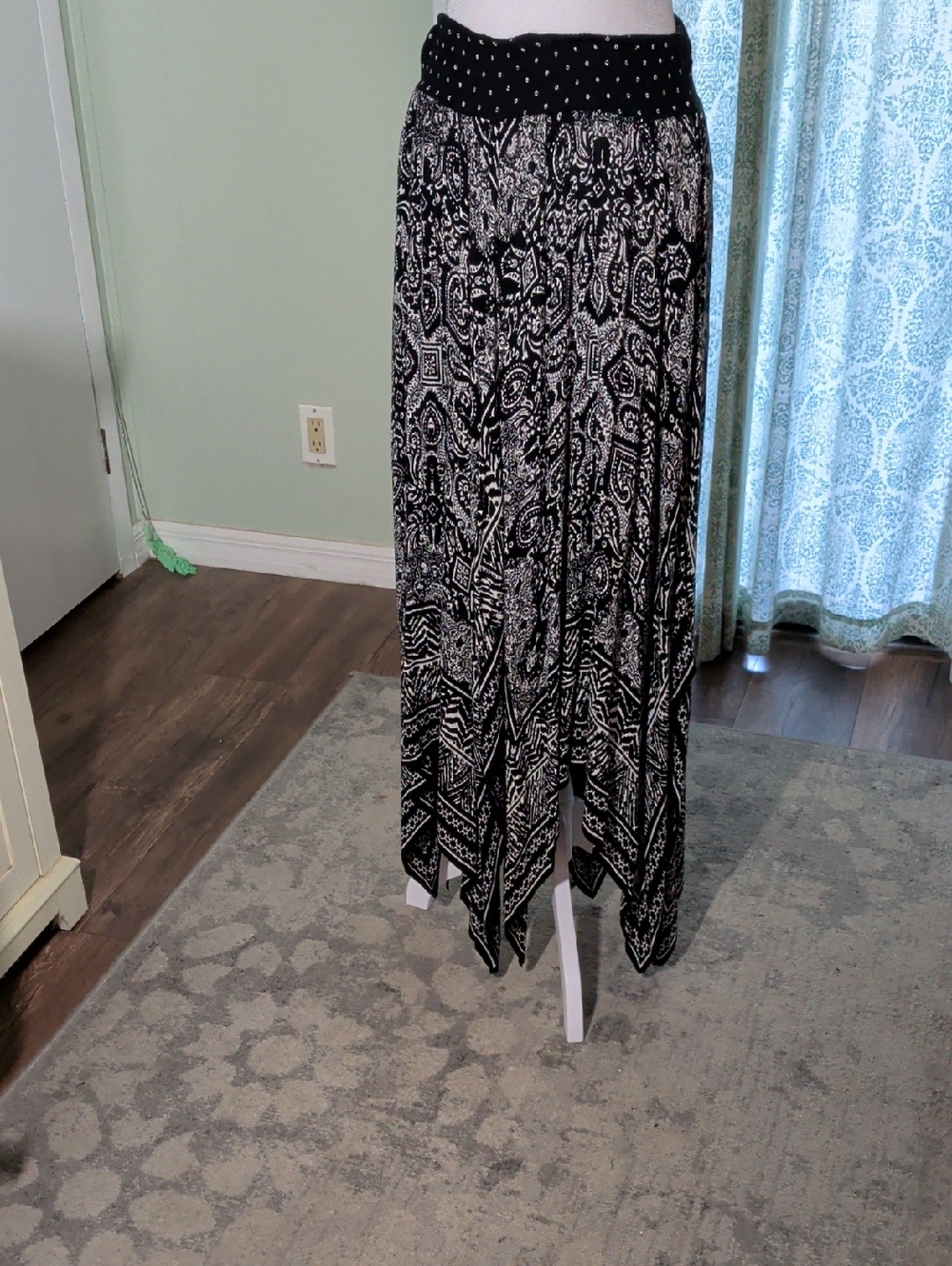 Bila Black and White Asymmetrical Handkerchief Hem Maxi Skirt